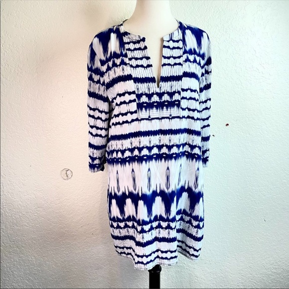 Michael Stars 100% Silk Tie Dye Shirt Dress | Blue White | Size Small - Picture 14 of 14